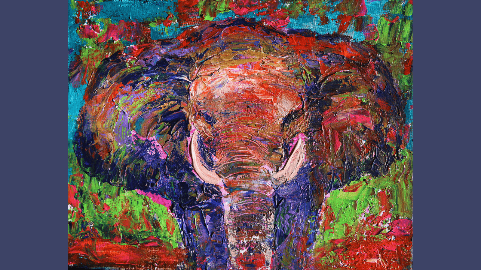 A palette knife painting of the front view of an elephant created in thick strokes of vibrant colors.
