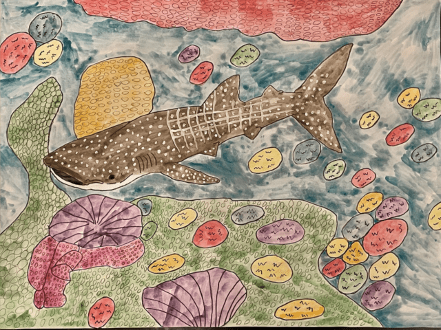 A painting of a spotted shark swimming in the water among sea life.