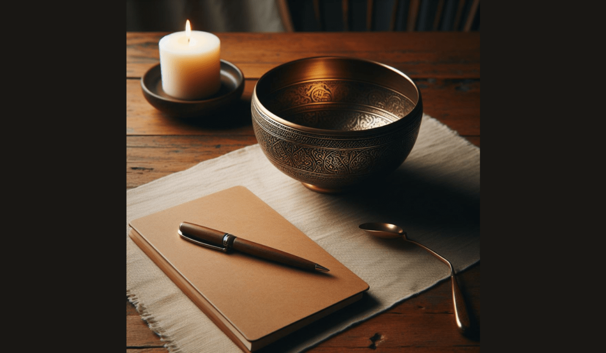 Upon a wooden table sits a candle in a metal bowl, and a brown covered journal with a red pen on top alongside an intricately decorated metal meditation bowl with spoon. These elements are placed on top of a natural linen placemat.