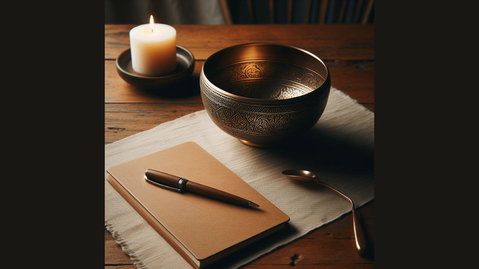 Upon a wooden table sits a candle in a metal bowl, and a brown covered journal with a red pen on top alongside an intricately decorated metal meditation bowl with spoon. These elements are placed on top of a natural linen placemat.
