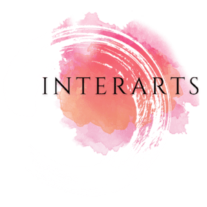 InterArts logo in black font on top of a white brushstroke circle on a pink and orange watercolor background