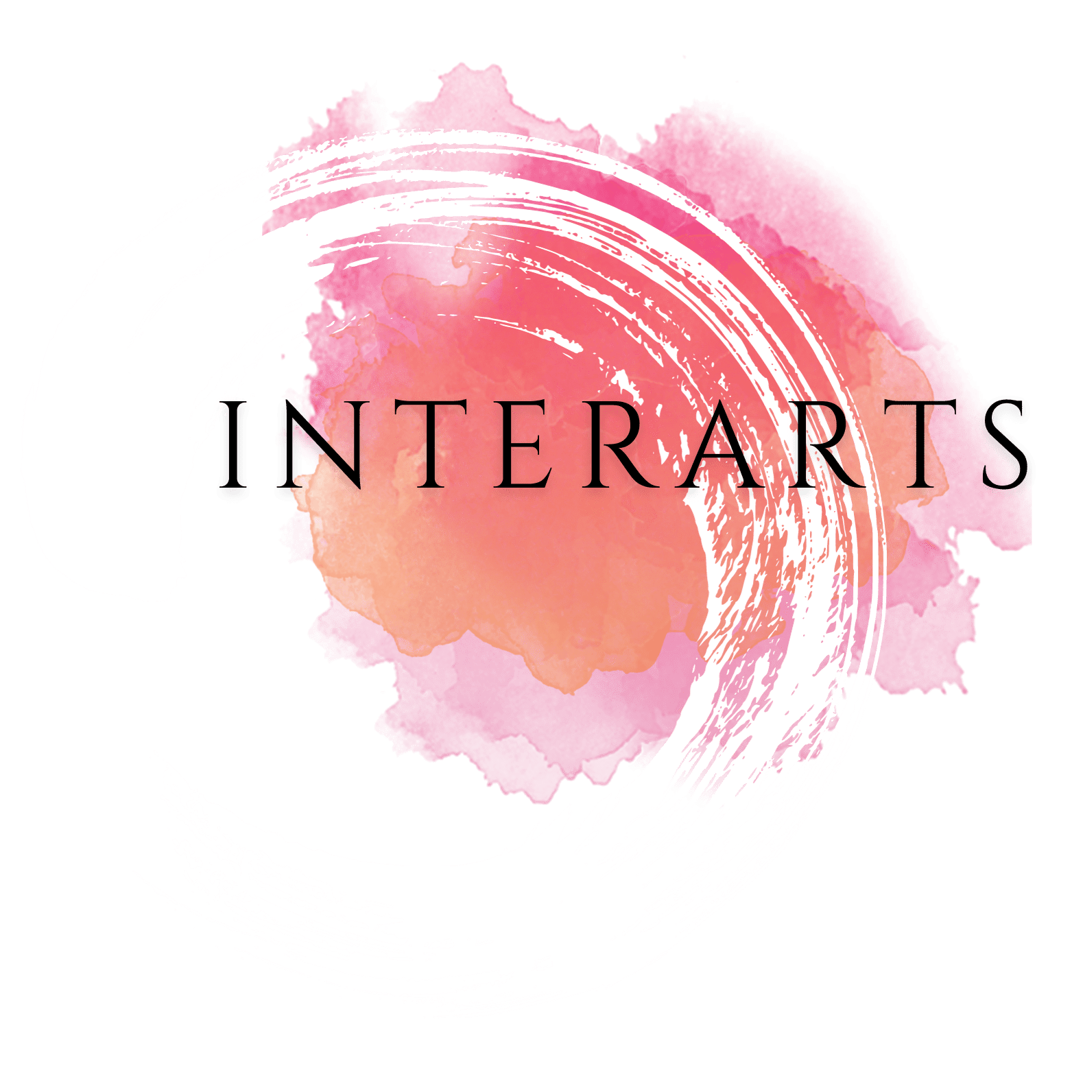 InterArts logo in black font on top of a white brushstroke circle on a pink and orange watercolor background