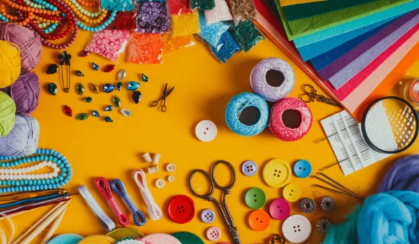 a collection colorful of arts and crafts supplies on a crafting table