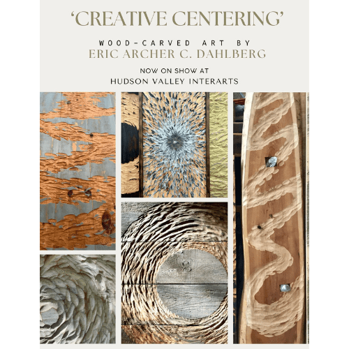 Creative Centering, Wood-Carved Art by Eric Archer C. Dahlberg, with close up images of textured carving marks in various kinds of wood.