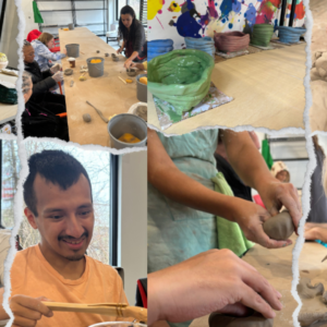 a collage of images featuring participants of a clay pottery class