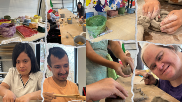 a collage of images featuring participants of a clay pottery class