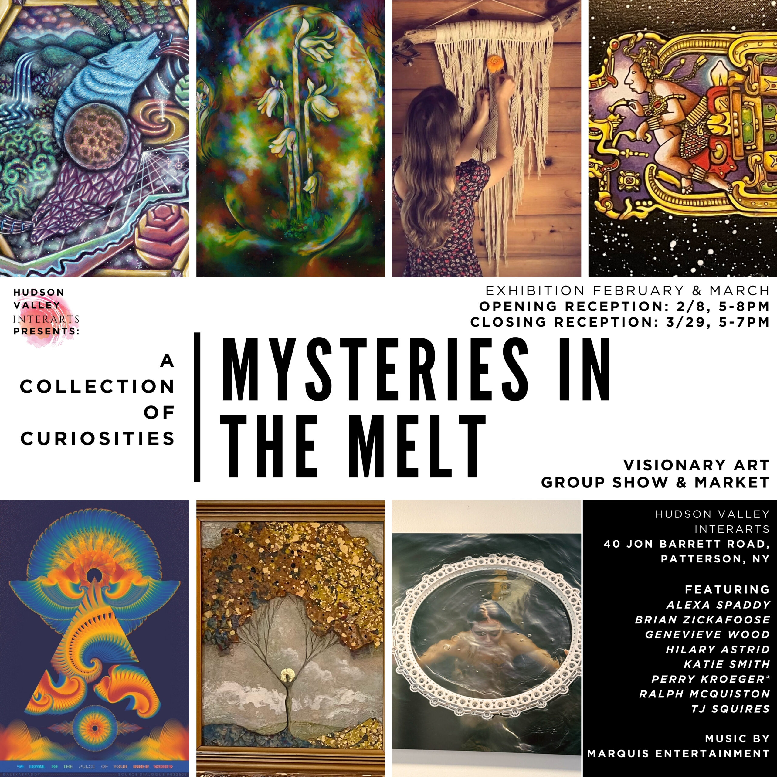 A flyer for the Mysteries in the Melt art exhibition at InterArts.