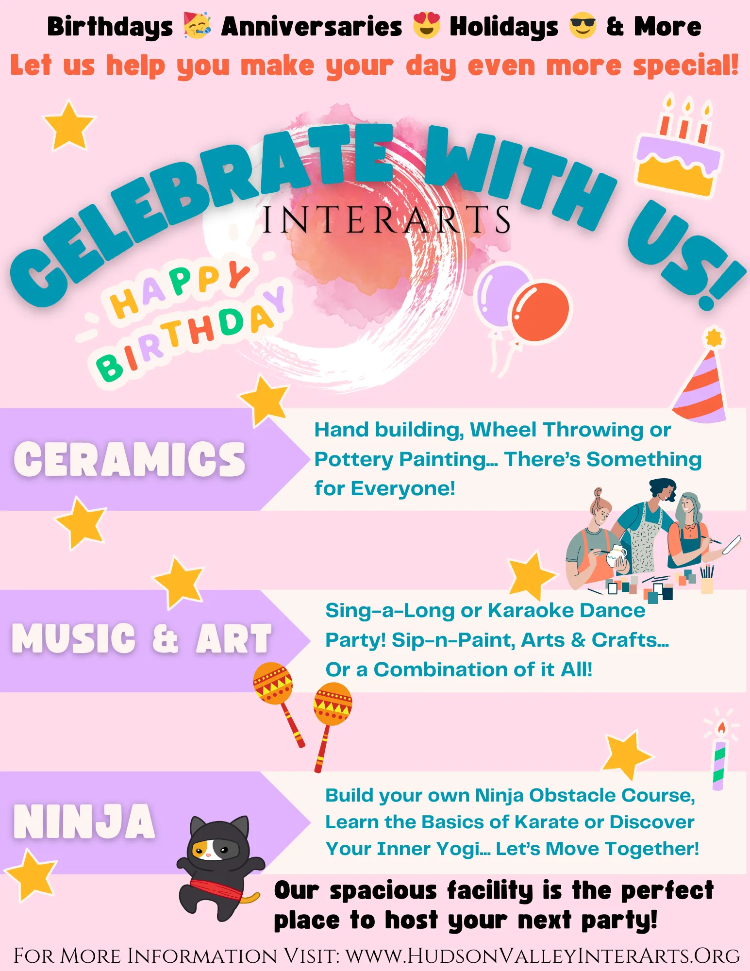 A flyer for party booking at InterArts.