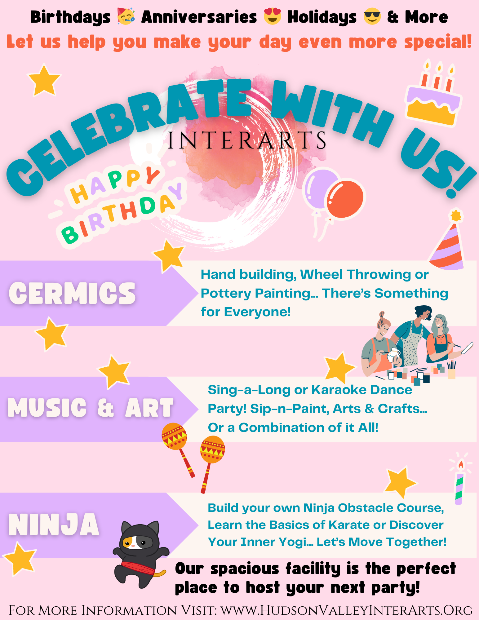 a flyer for party booking at InterArts