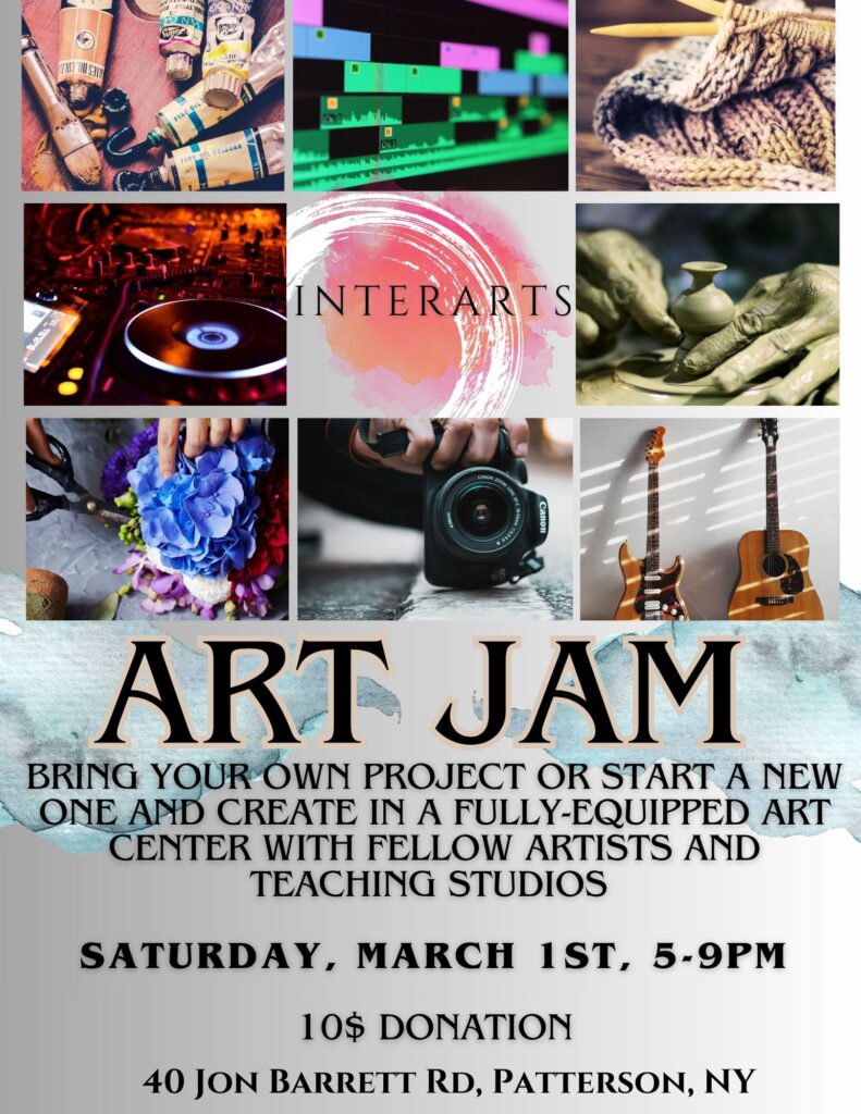 Flyer for an Art Jam, happening on March 1st at 5PM