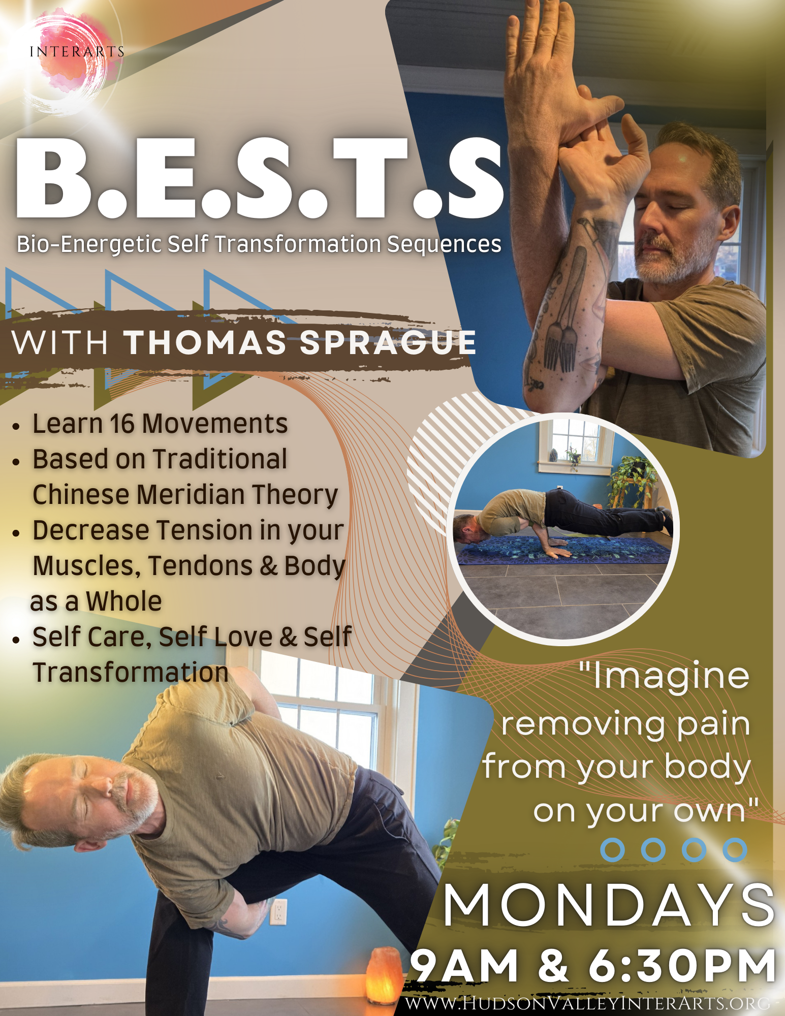 a flyer for the B.E.S.T.S. movement series for pain relief and longevity.