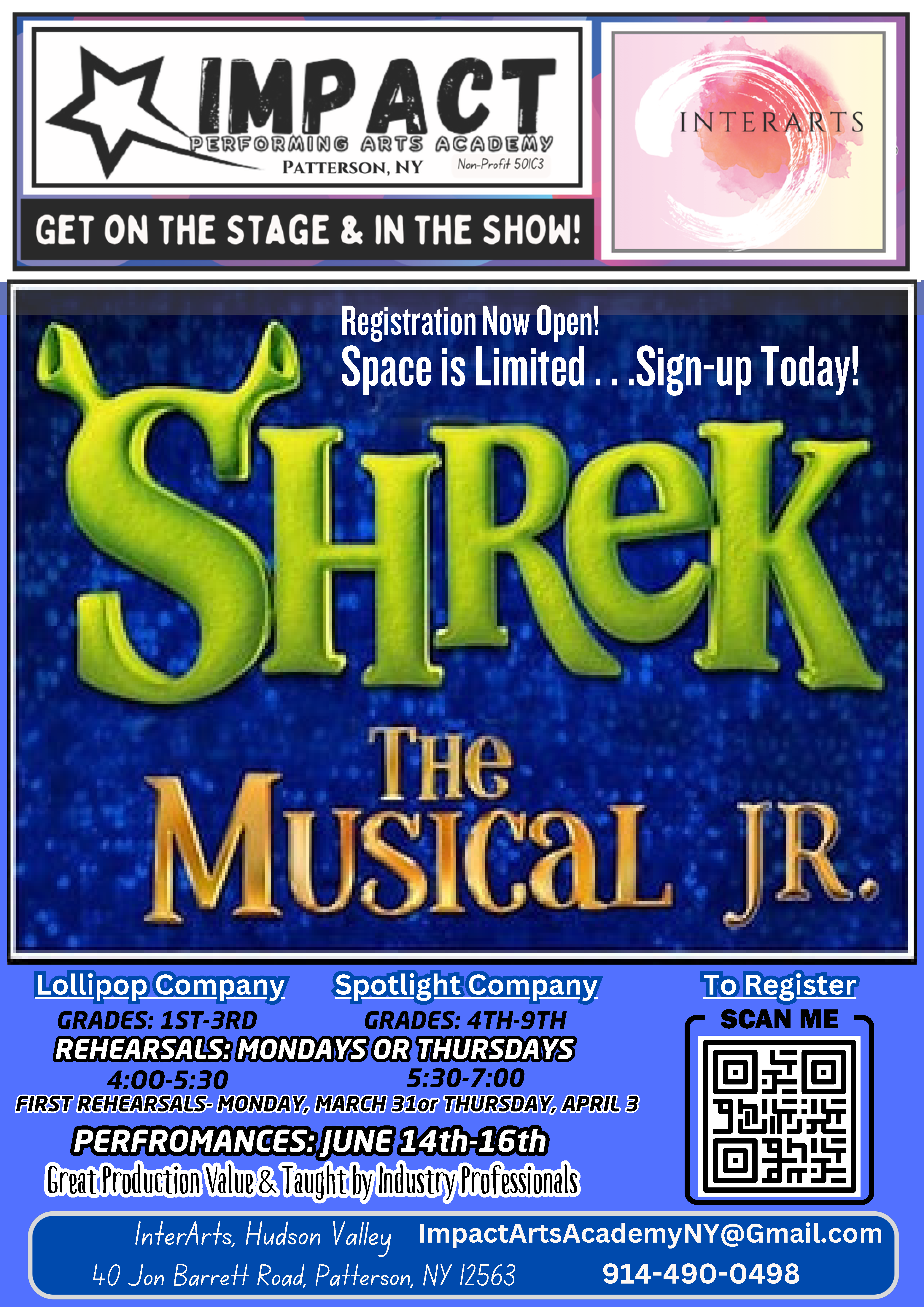 A flyer for a children's theater program for Shrek: The Musical