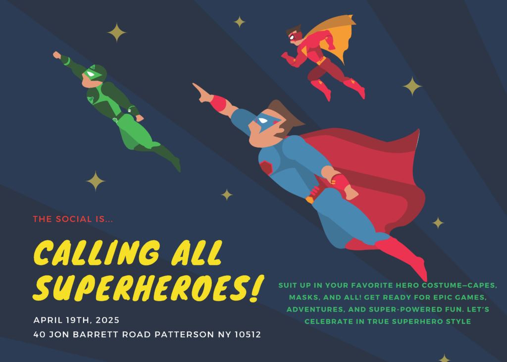 A flyer for site-based respite superhero party!