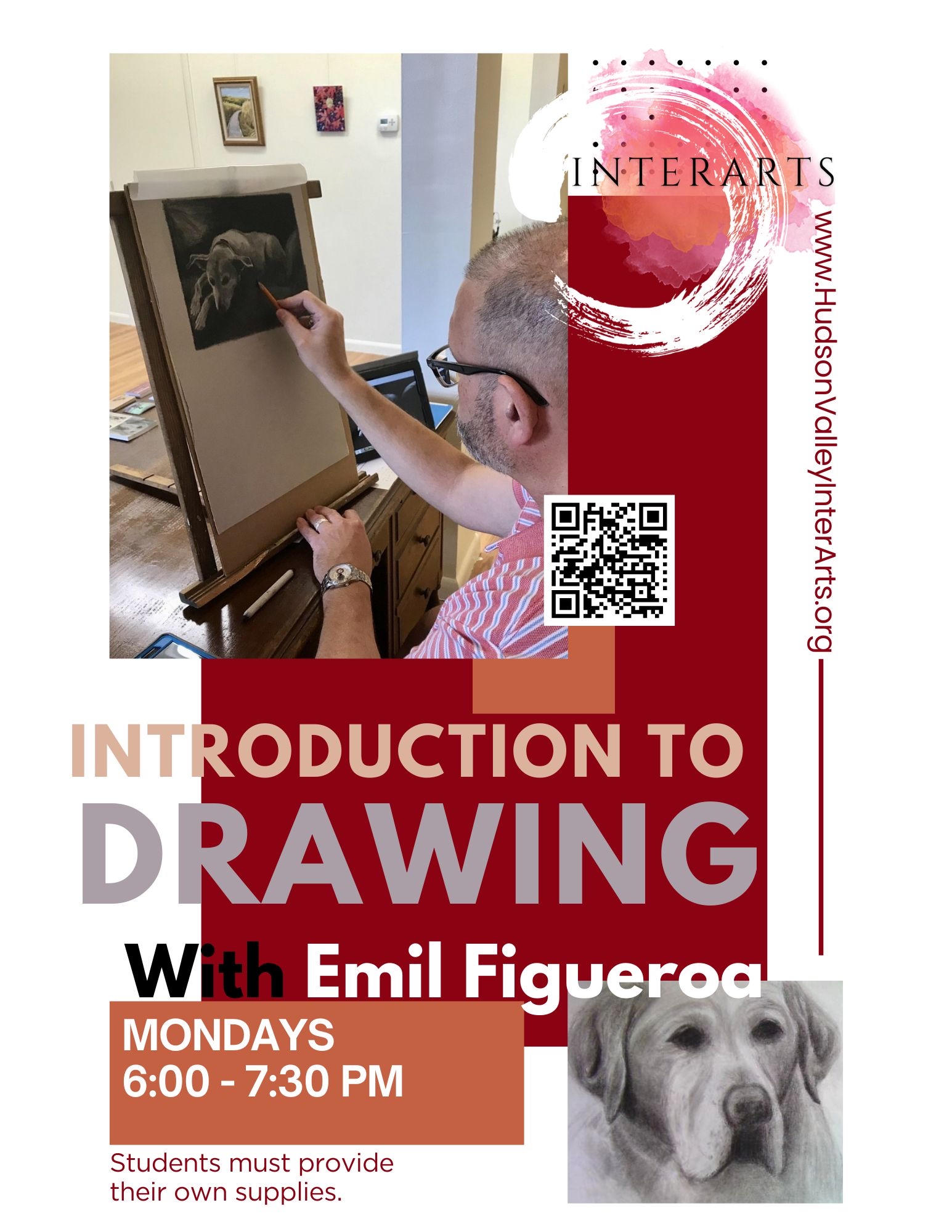 flyer for intro to drawing class on mondays at the InterArts