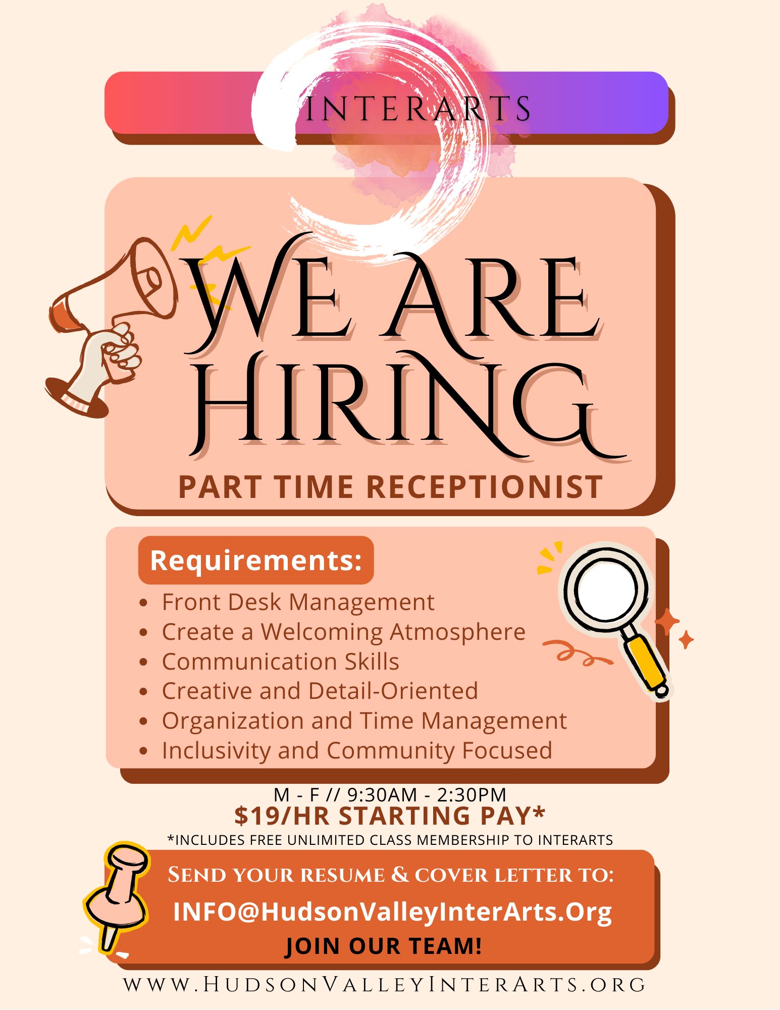 A flyer with information about a part time receptionist job position at InterArts
