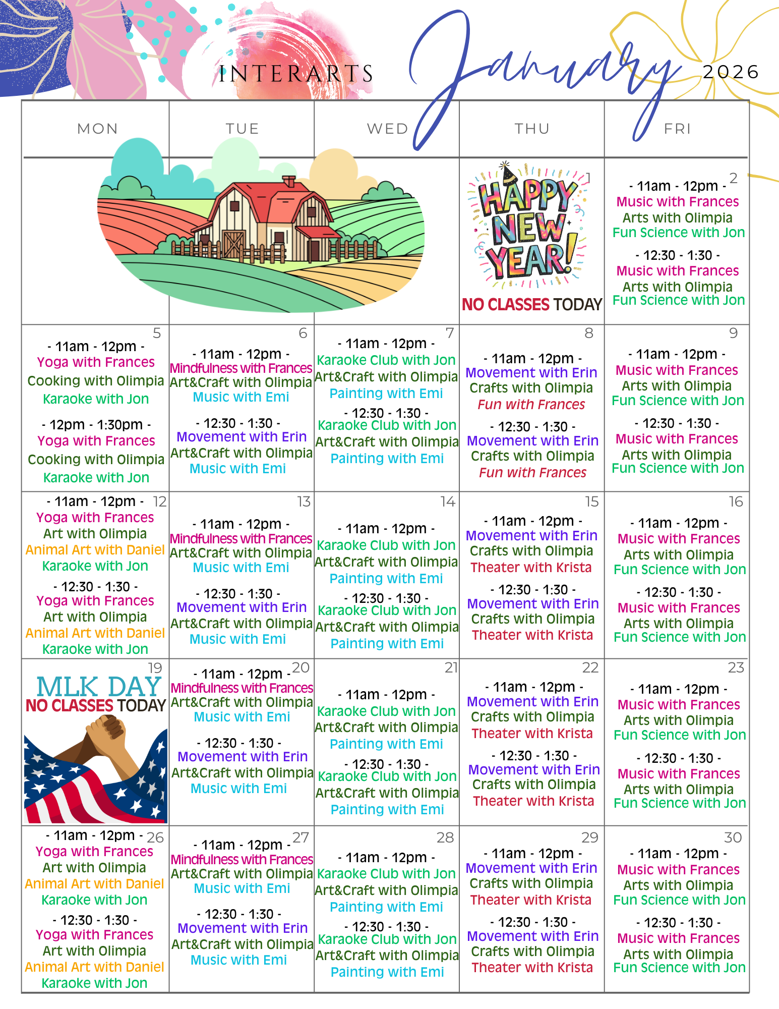 A calendar of assisted classes happening at the Cultivating Dreams Farm January 2026