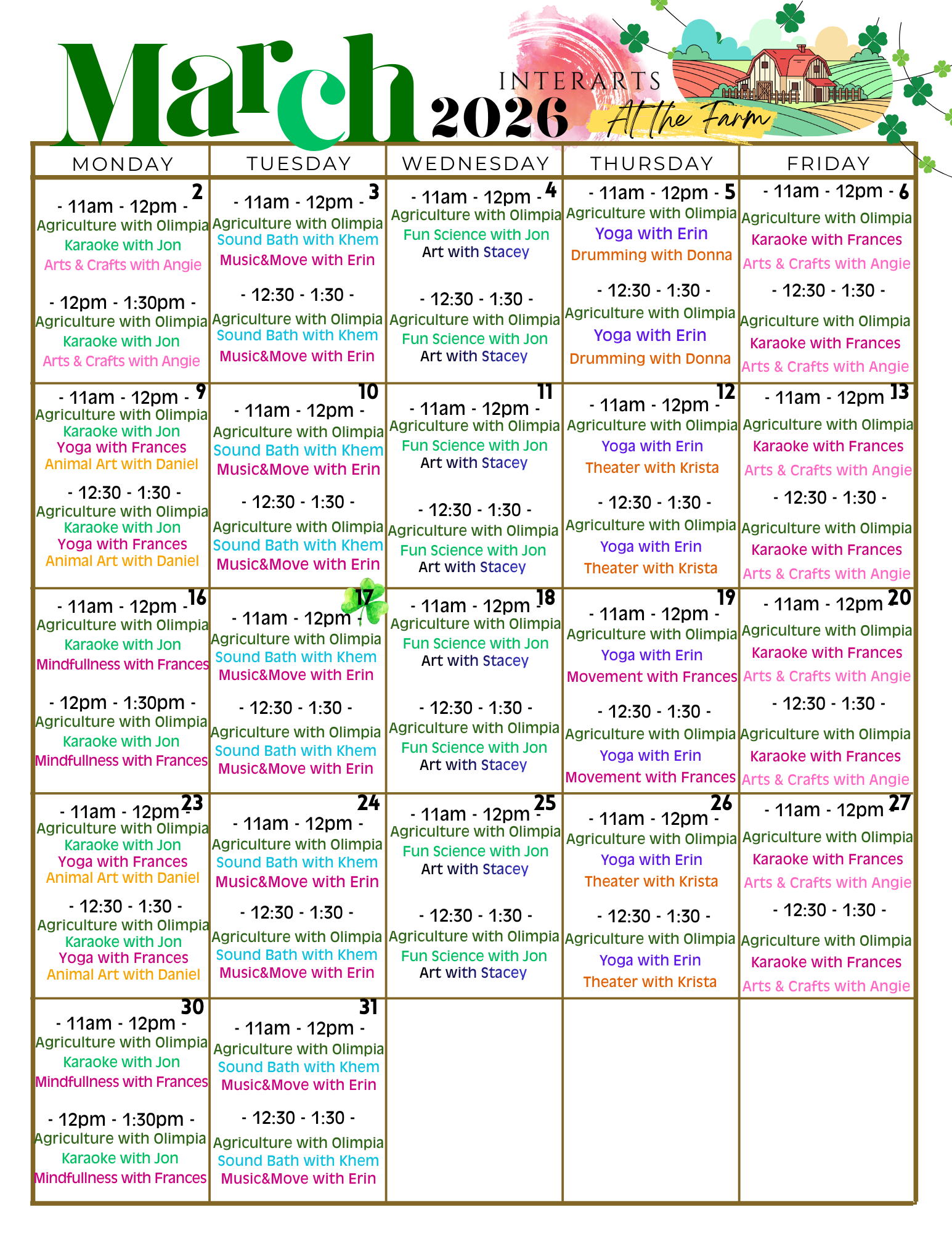 Cultivating Dreams Farm Monthly Assisted Class Calendar
