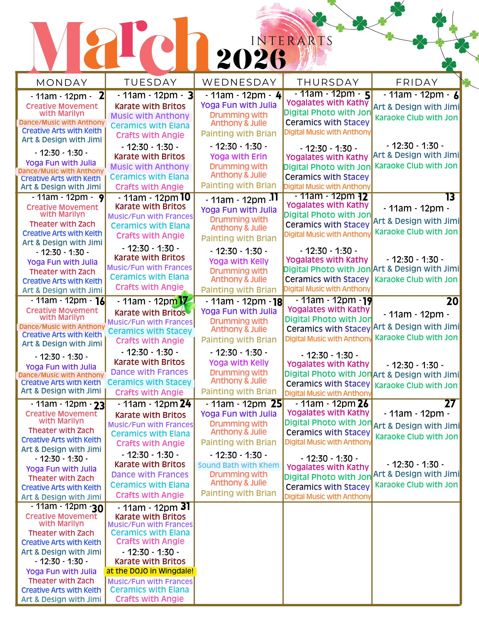 InterArts Monthly Assisted Class Calendar