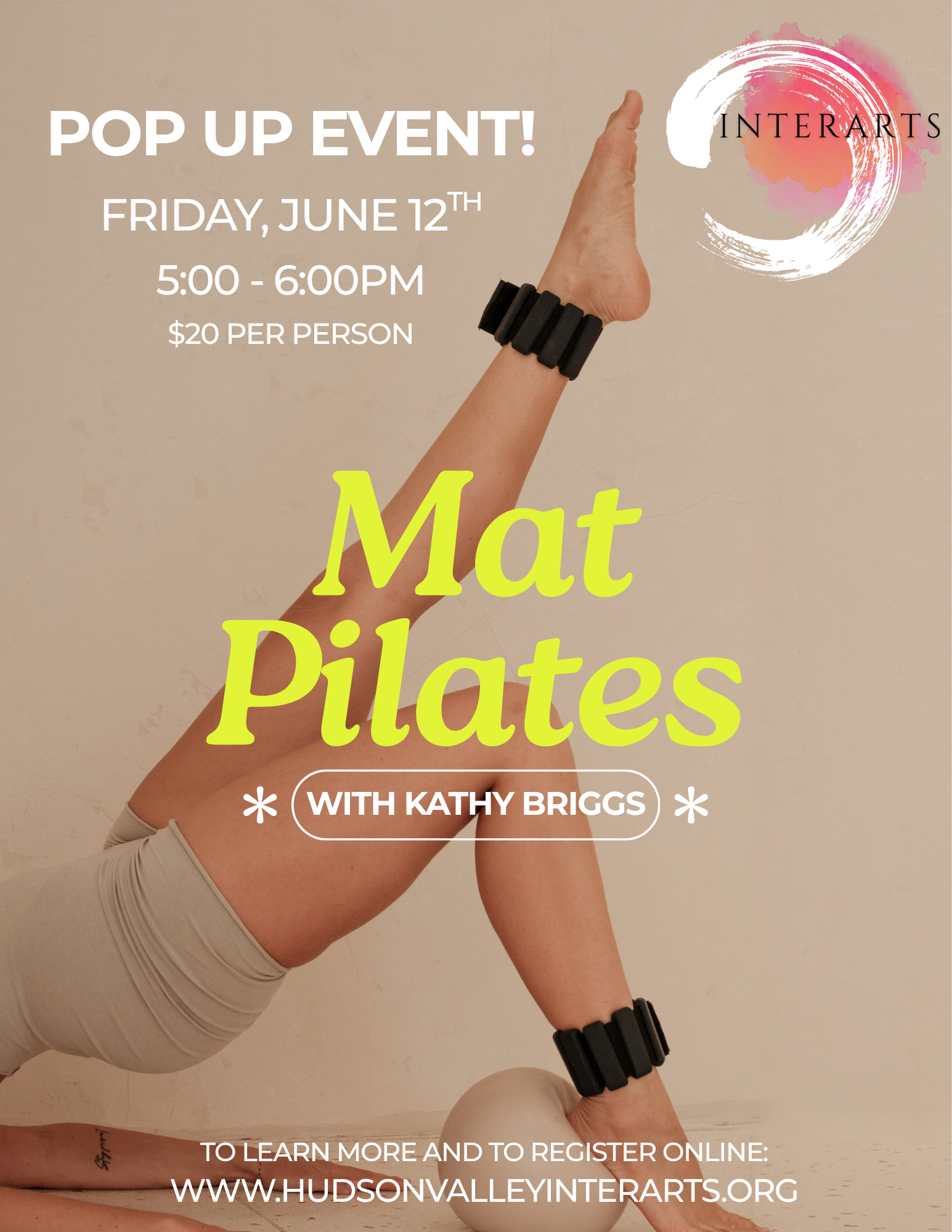 Pop-up Pilates at InterArts on June 12th from 5-6PM.