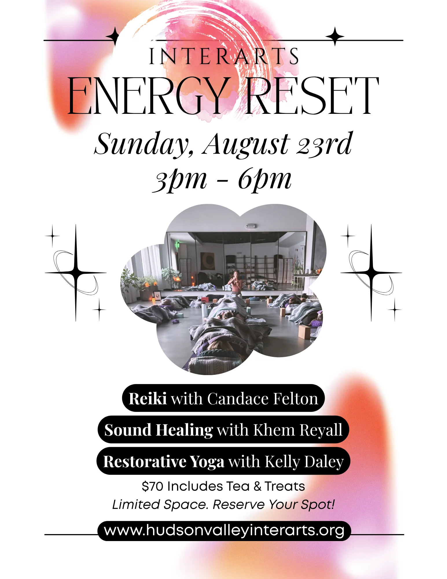 InterArts Energy Reset, Sunday August 23rd 3pm to 6pm. Reiki with Candace Felton, Sound Healing with Khem Reyall, Restorative Yoga with Kelly Daley. $70 includes tea and treats. Limited space, reserve your spot.