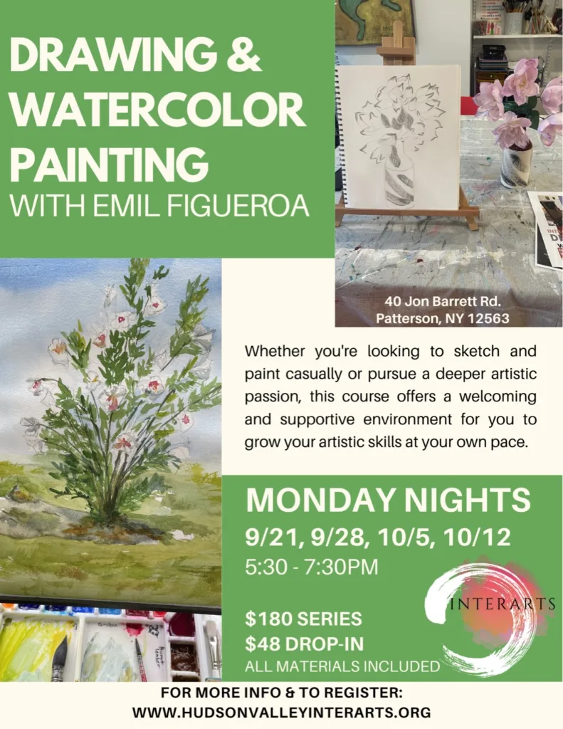 Flyer: Drawing & Watercolor Painting with Emil Figueroa, Monday nights 9/21, 9/28, 10/5, 10/12, 5:30-7:30pm