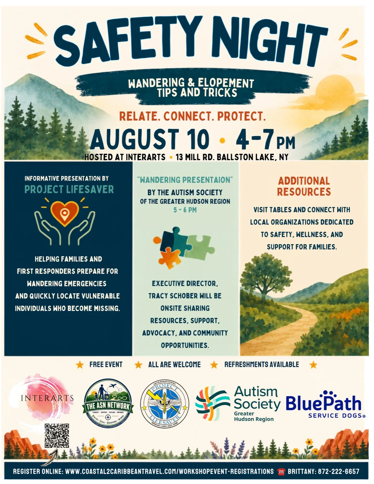 Safety Night flyer: Wandering and Elopement Tips and Tricks, August 10 from 4 to 7pm at InterArts North, Ballston Lake NY. Free event.