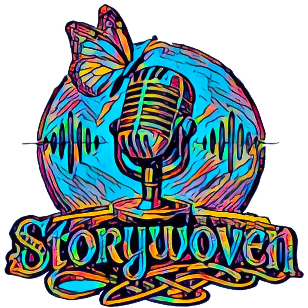 StoryWoven podcast artwork: a vividly coloured microphone and butterfly over a sound waveform, with the Storywoven wordmark.