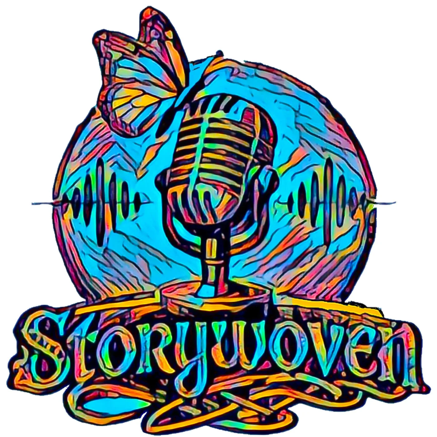 StoryWoven podcast artwork: a vividly coloured microphone and butterfly over a sound waveform, with the Storywoven wordmark.
