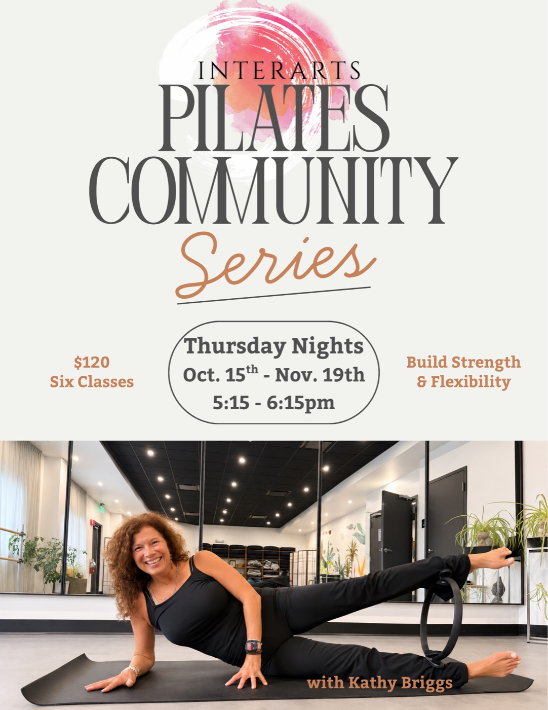 Pilates Community Series with Kathy Briggs — Thursday nights, Oct 15 – Nov 19, 5:15–6:15pm, $120 for six classes