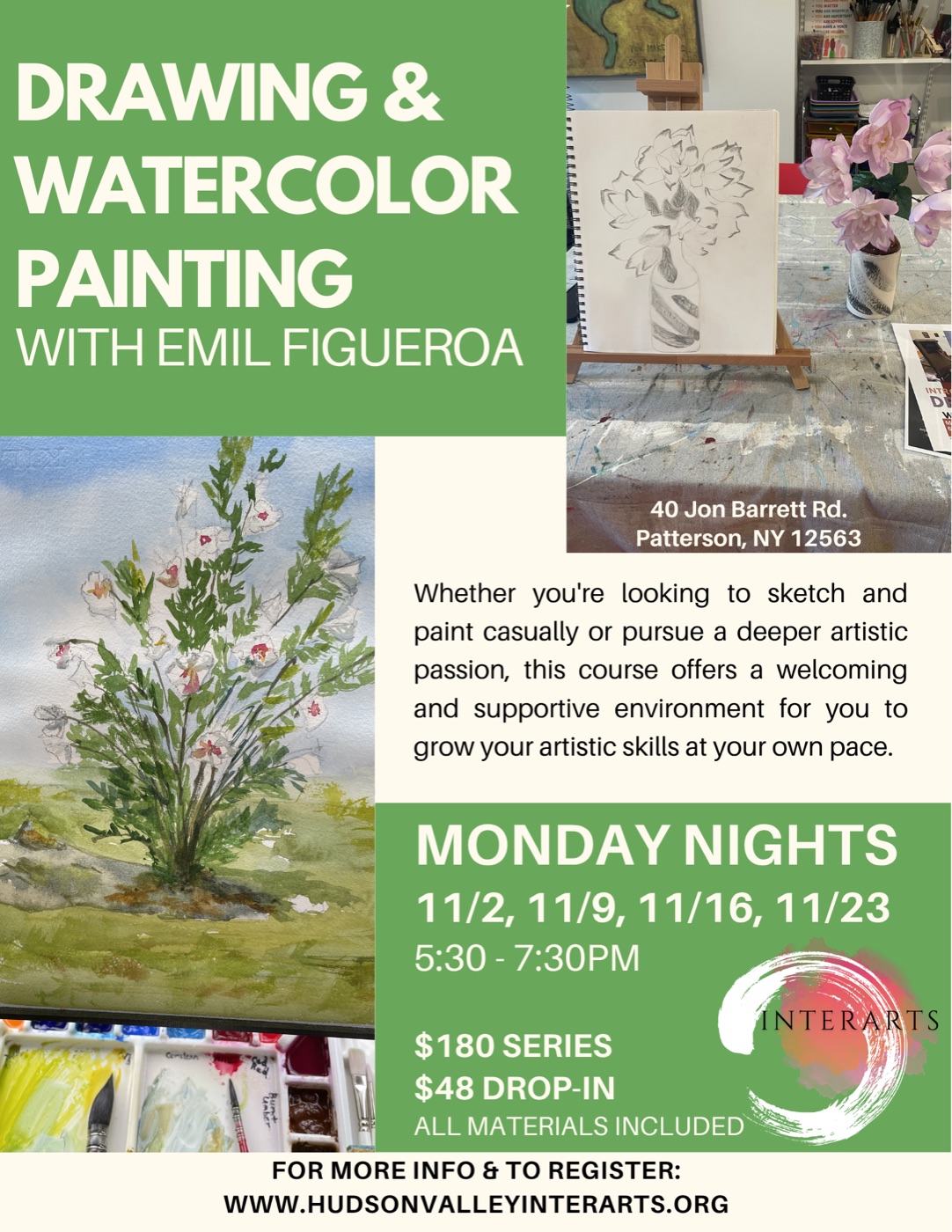 Drawing & Watercolor Painting with Emil Figueroa, Monday nights November 2–23, 5:30–7:30 PM